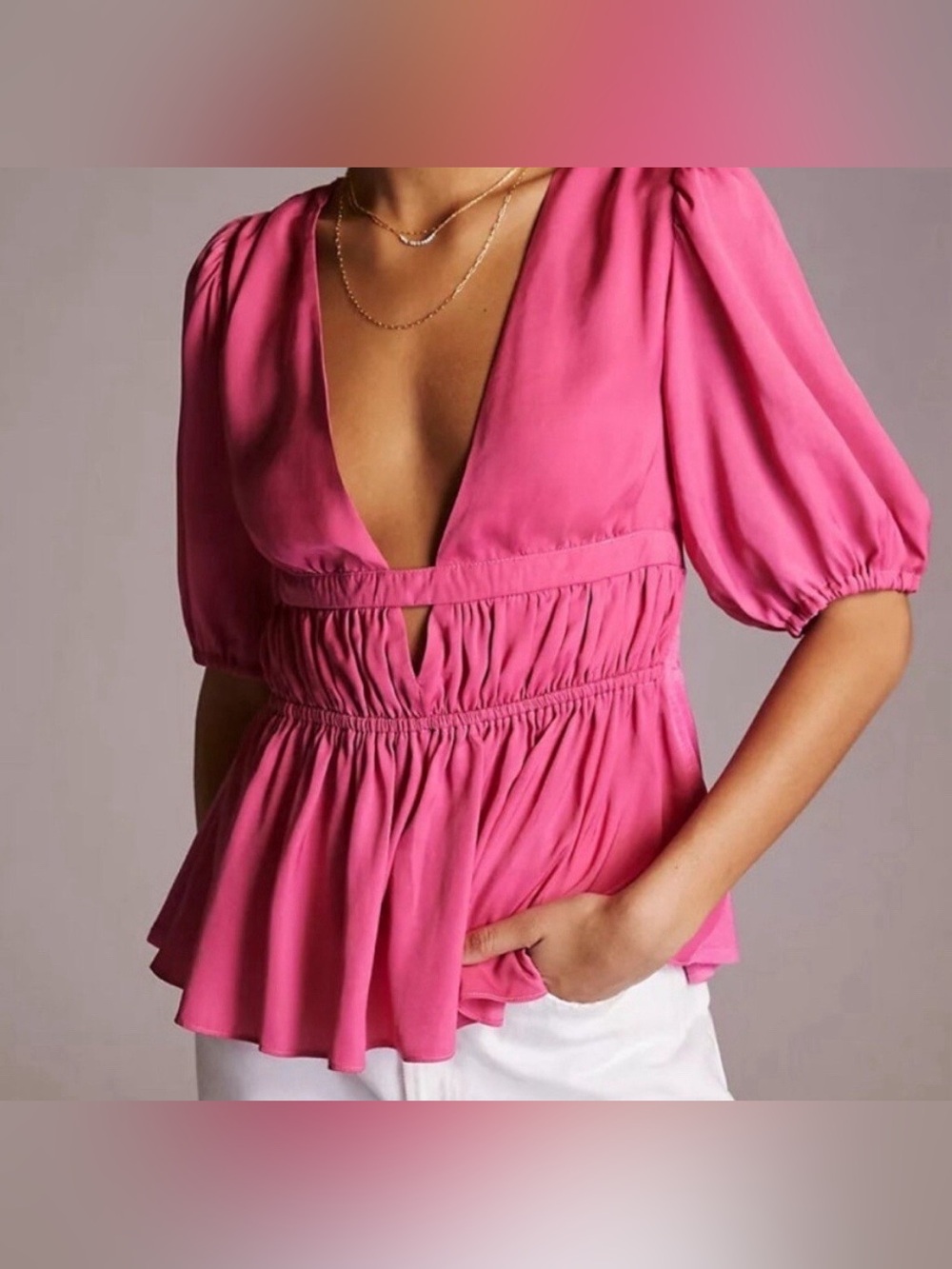 Dolan Pink Deep V-Neck Puff Sleeve Blouse Size S